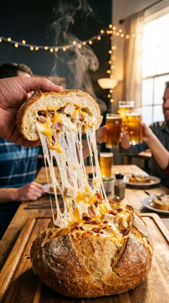 A close-up of a hand pulling a slice of stuffed bread away from the loaf, revealing a dramatic stringy cheese pull.