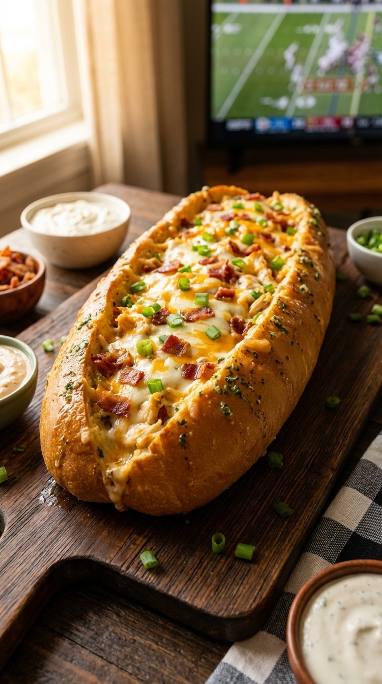 A whole hollowed-out French bread loaf stuffed with melted cheese, chicken, bacon, and ranch, garnished with green onions.