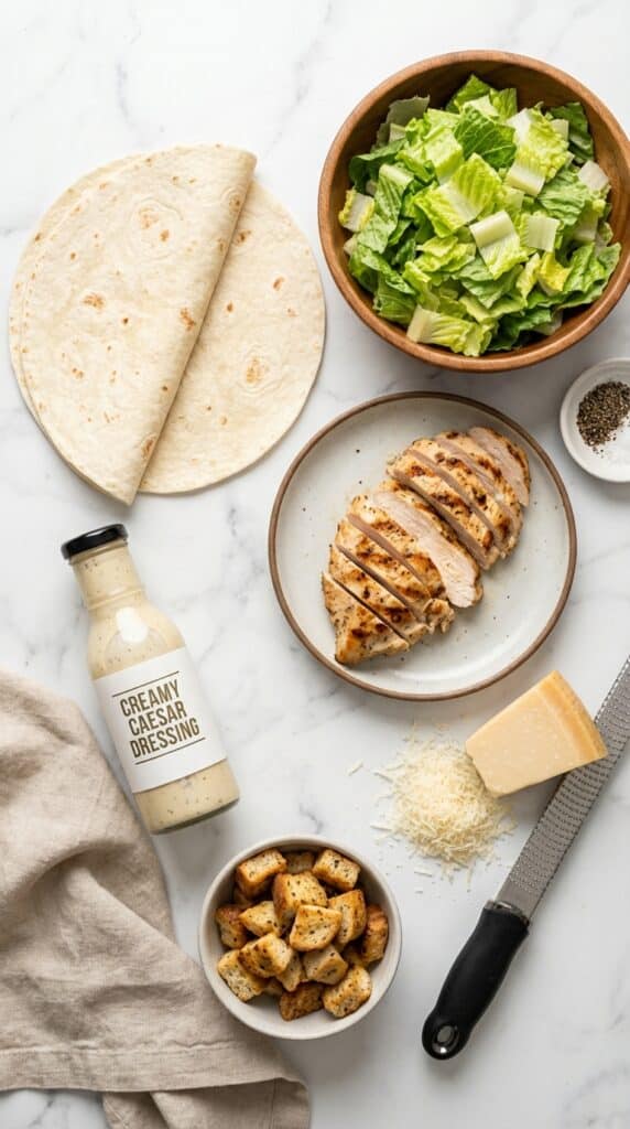 A flat lay showing flour tortillas, chopped romaine lettuce, grilled chicken, Caesar dressing, parmesan cheese, and croutons on a marble counter.