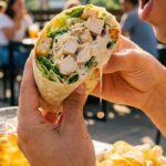 A close-up of hands holding an overstuffed chicken Caesar wrap, ready to take a bite, with a sunny patio in the background.