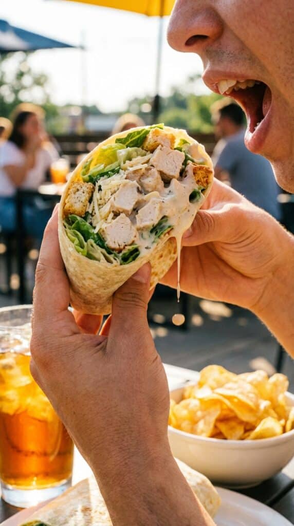 A close-up of hands holding an overstuffed chicken Caesar wrap, ready to take a bite, with a sunny patio in the background.