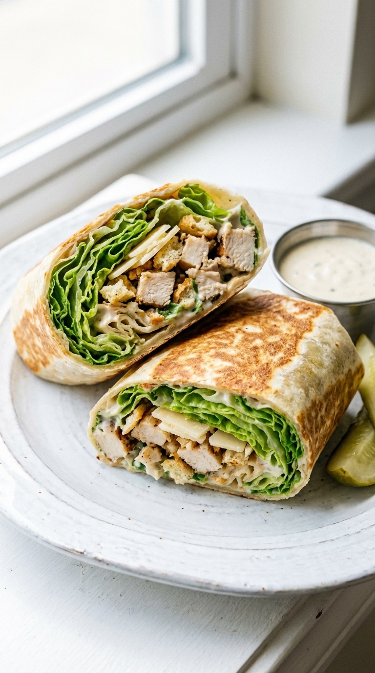A close-up of a toasted chicken Caesar wrap cut in half, showing the salad and chicken filling, served with a side of pickles and dressing.