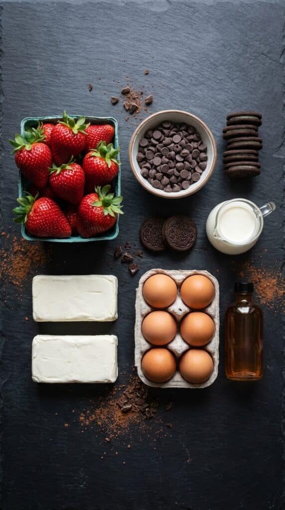A flat lay showing fresh strawberries, cream cheese, chocolate chips, Oreo cookies, heavy cream, and eggs on a dark slate board.
