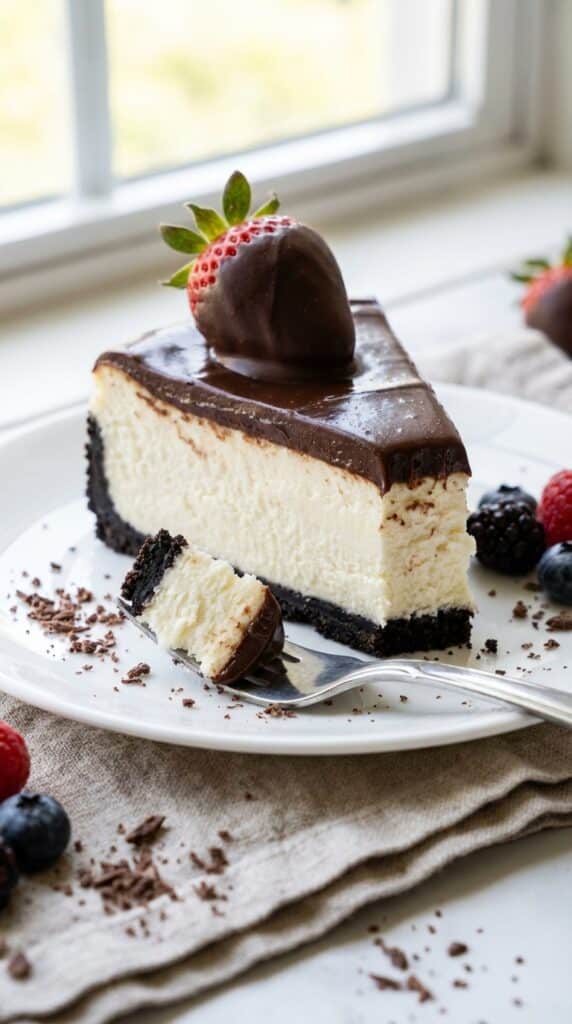 A close-up of a slice of cheesecake showing the Oreo crust, vanilla filling, chocolate ganache, and dipped strawberry, with a fork taking a bite.
