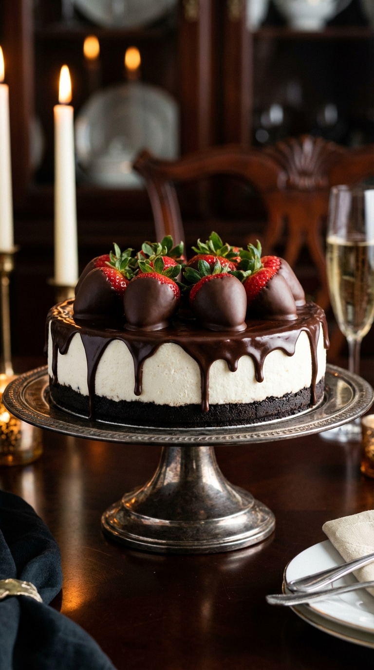 A whole cheesecake with an Oreo crust, covered in glossy chocolate ganache and topped with chocolate-dipped strawberries on a silver stand.