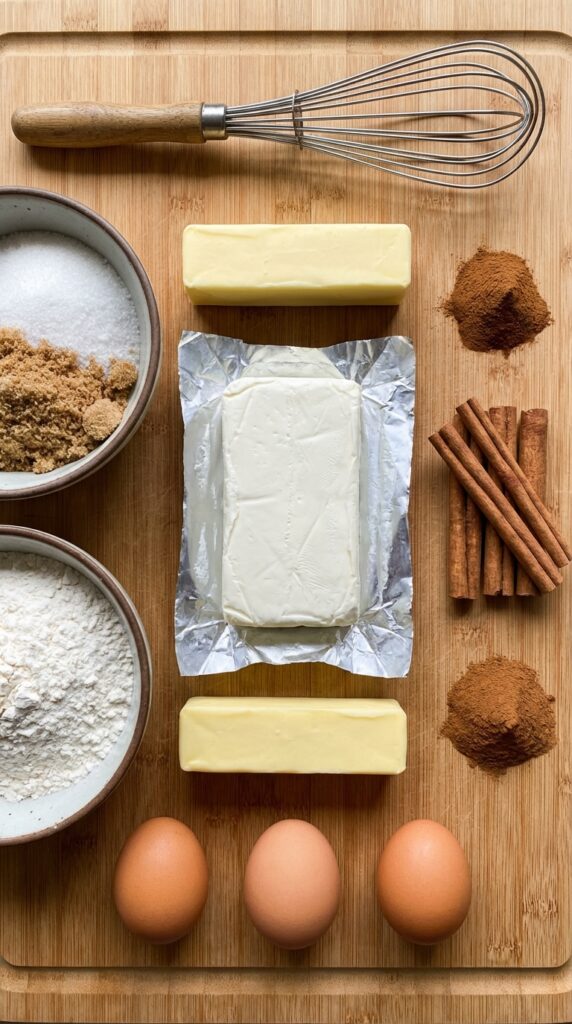 Overhead view of baking ingredients including cream cheese, cinnamon sticks, butter, sugar, and flour on a wooden board.