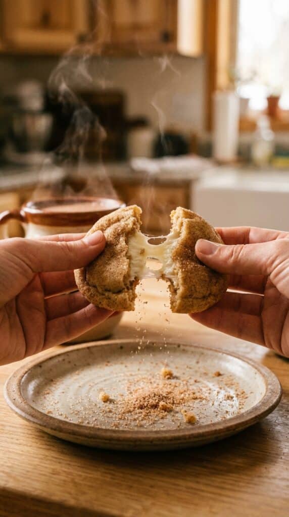 Two hands pulling apart a warm cinnamon sugar cookie, revealing a gooey cheesecake center, with coffee in the background.