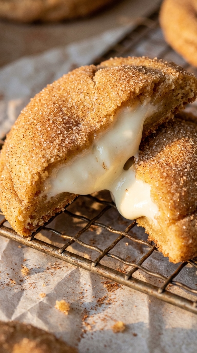 A thick cookie broken in half showing a creamy white cheesecake filling and a sparkling cinnamon-sugar crust.