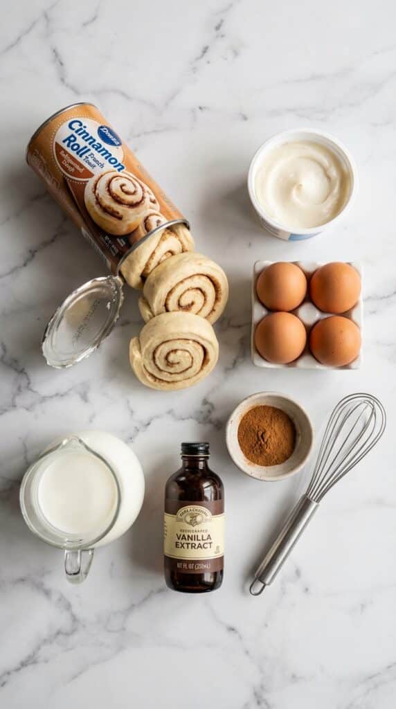 A flat lay showing canned cinnamon roll dough, icing, eggs, milk, cinnamon, and vanilla on a marble board.