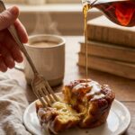 A close-up of a fork pulling apart a sticky cinnamon roll french toast muffin with syrup pouring over it, coffee in the background.