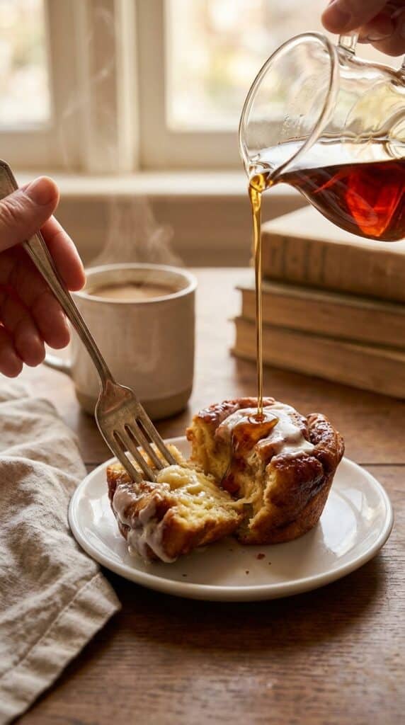 A close-up of a fork pulling apart a sticky cinnamon roll french toast muffin with syrup pouring over it, coffee in the background.