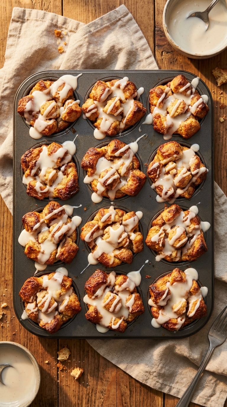 A muffin tin filled with golden cinnamon roll french toast muffins drizzled with white icing on a wooden table.