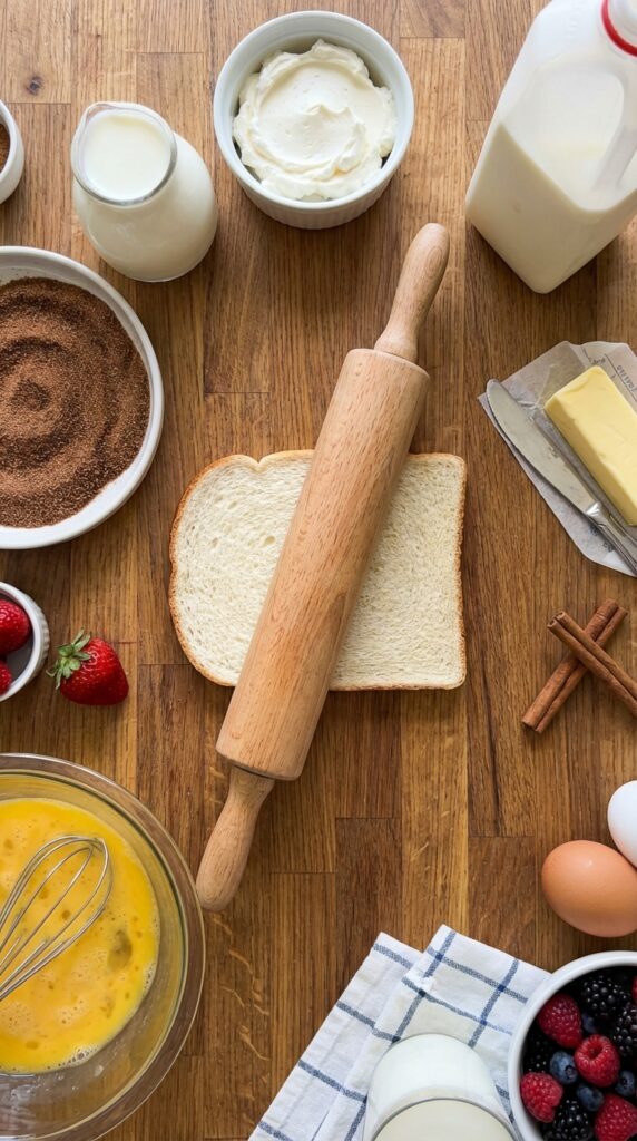 A flat lay showing a rolling pin, flattened bread, cream cheese, cinnamon sugar, eggs, and butter on a wooden counter.