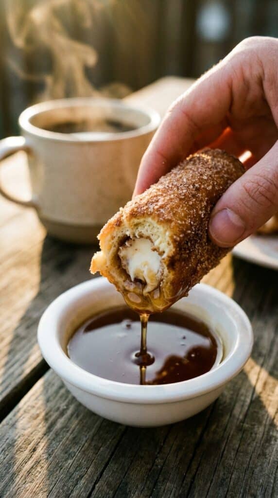 A close-up of a hand dunking a half-eaten cinnamon sugar French toast roll-up into a small bowl of maple syrup.