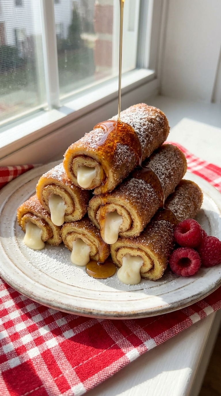A stack of crispy French toast roll-ups coated in cinnamon sugar and drizzled with maple syrup on a white plate.