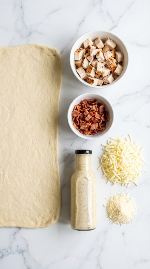A flat lay showing pizza dough, chopped chicken, bacon, Caesar dressing, and shredded cheese on a wooden board.