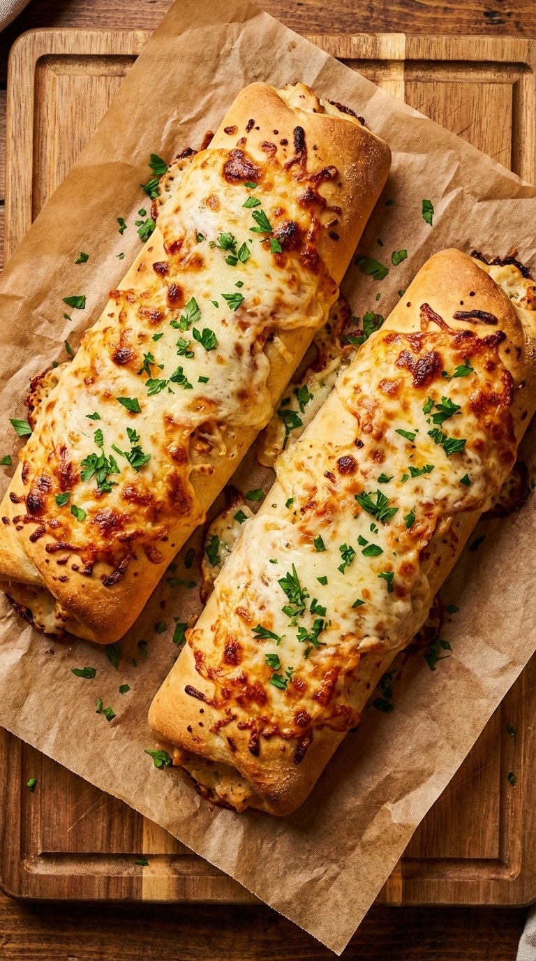 A freshly baked golden chicken bake cut in half to show the melted cheese, chicken, and bacon filling inside a pizza dough crust.