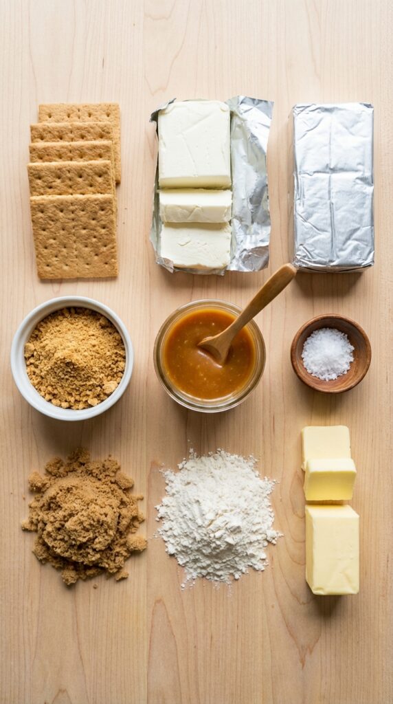 A flat lay showing graham crackers, graham crumbs, cream cheese, caramel sauce, flaky sea salt, brown sugar, and butter on a wooden board.