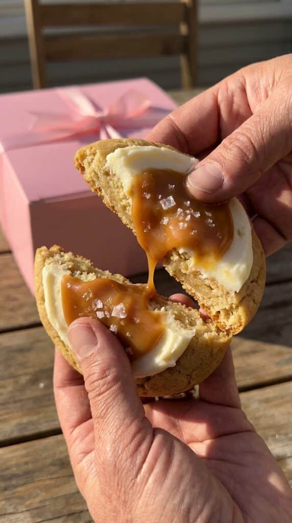 A close-up of hands breaking a giant frosted caramel cookie in half, showing the soft, dense center and dripping caramel.