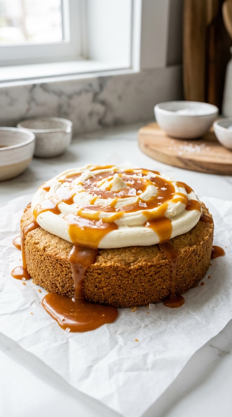 A giant, thick graham cracker cookie topped with a swirl of cream cheese frosting, caramel drizzle, and flaky sea salt.