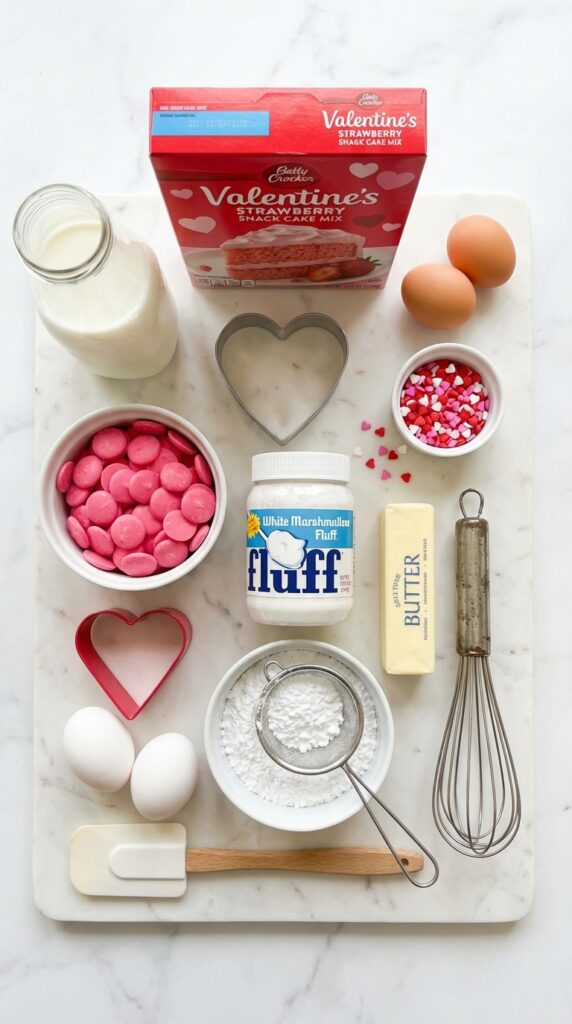 A flat lay showing strawberry cake mix, pink candy melts, marshmallow fluff, butter, powdered sugar, and a heart cookie cutter on a marble board.