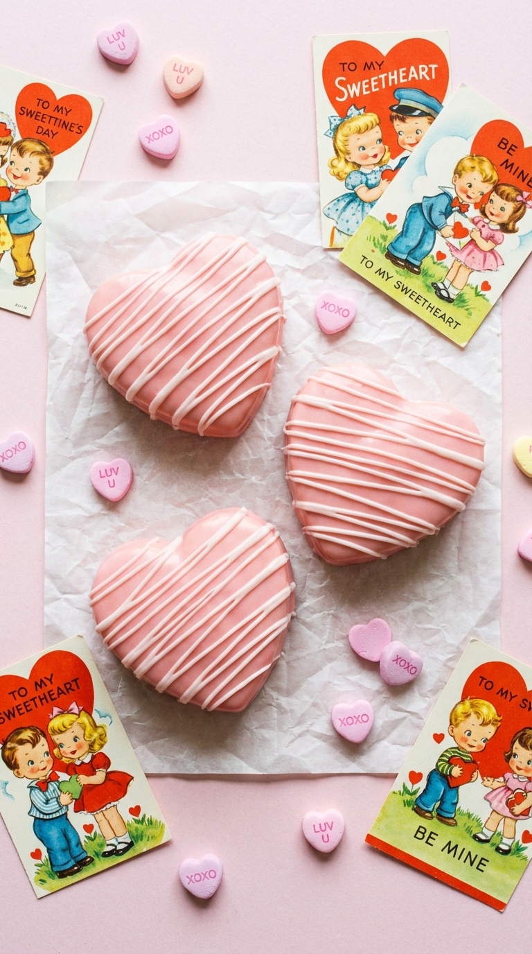 A top-down view of three pink heart-shaped cakes with white icing drizzles on parchment paper with conversation hearts.