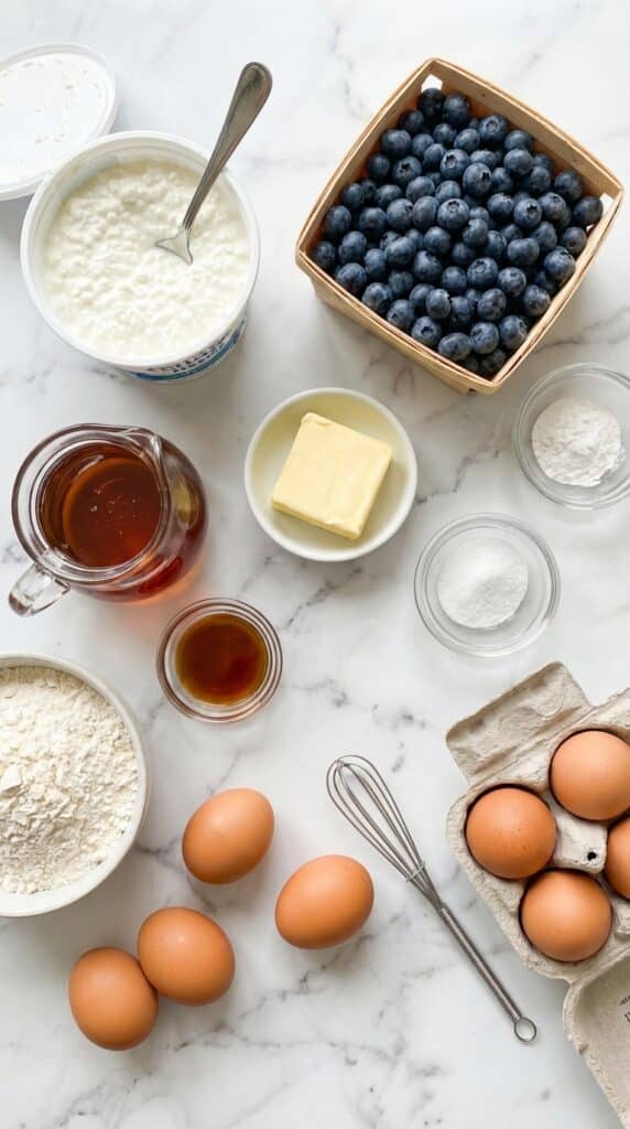 A flat lay showing a tub of cottage cheese, fresh blueberries, maple syrup, flour, and eggs on a white marble board.