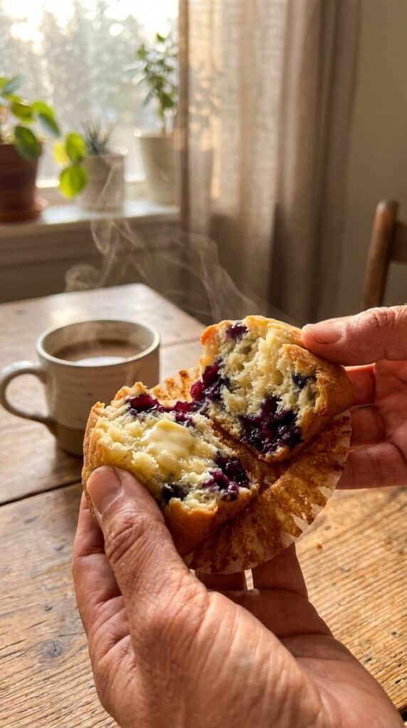 A close-up of hands pulling a warm blueberry muffin in half, showing a fluffy interior, steaming blueberries, and melting butter.