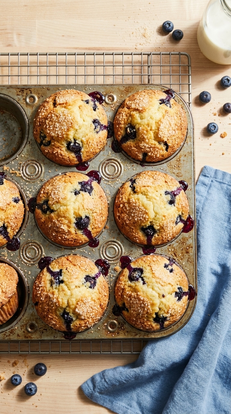 A rustic muffin tin filled with golden brown baked blueberry muffins bursting with fresh berries, sitting on a wooden counter.