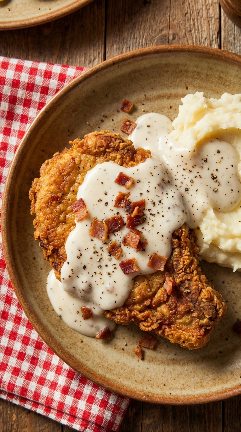A plate with a crispy breaded pork chop covered in creamy white bacon gravy next to mashed potatoes.