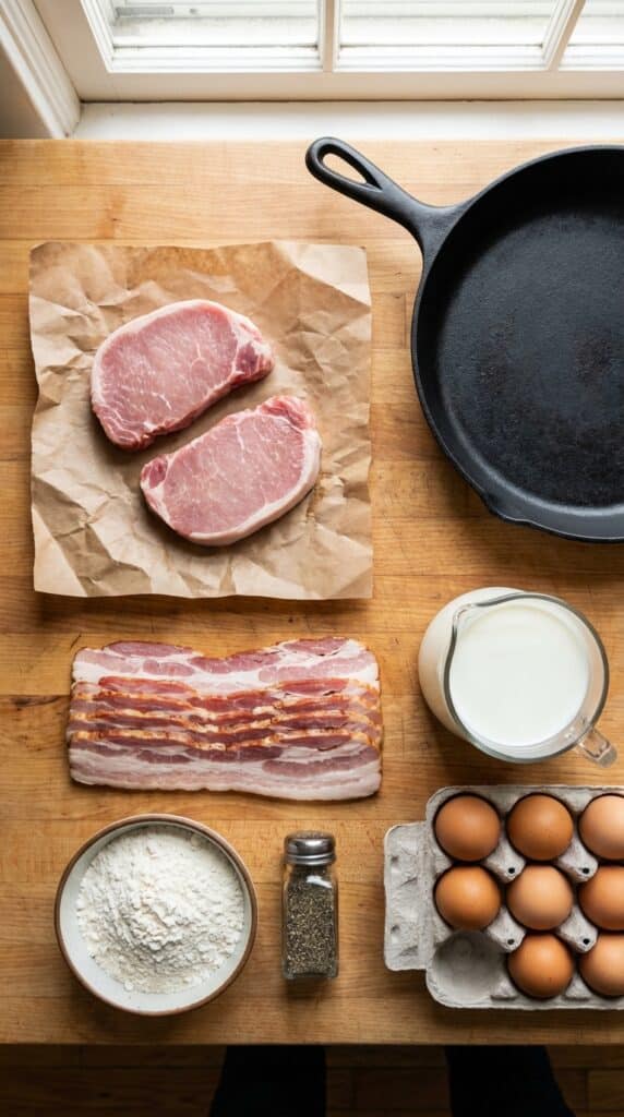 A flat lay showing raw pork chops, thick-cut bacon, milk, eggs, flour, and black pepper on a wooden butcher block.