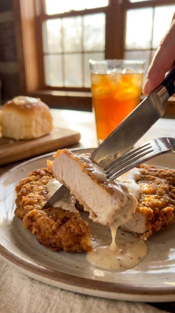 A close-up of a knife and fork cutting into a breaded pork chop smothered in peppery white gravy with bacon.