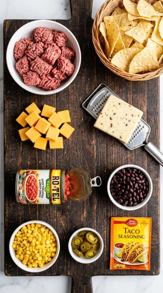 A flat lay showing ground beef, cubed cheese, pepper jack, black beans, corn, diced tomatoes, pickled jalapeños, and taco seasoning on a dark wooden board.