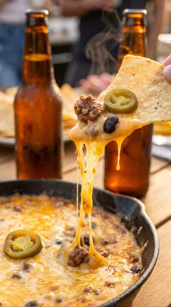 A close-up of a tortilla chip pulling gooey melted cheese loaded with beef, beans, and a jalapeño from a skillet, with frosty beers in the background.