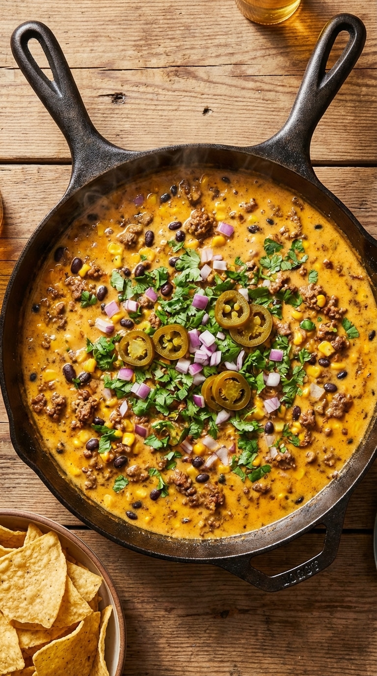 A top-down view of a cast iron skillet filled with golden cheese dip loaded with beef, black beans, corn, and topped with cilantro, red onions, and pickled jalapeños.