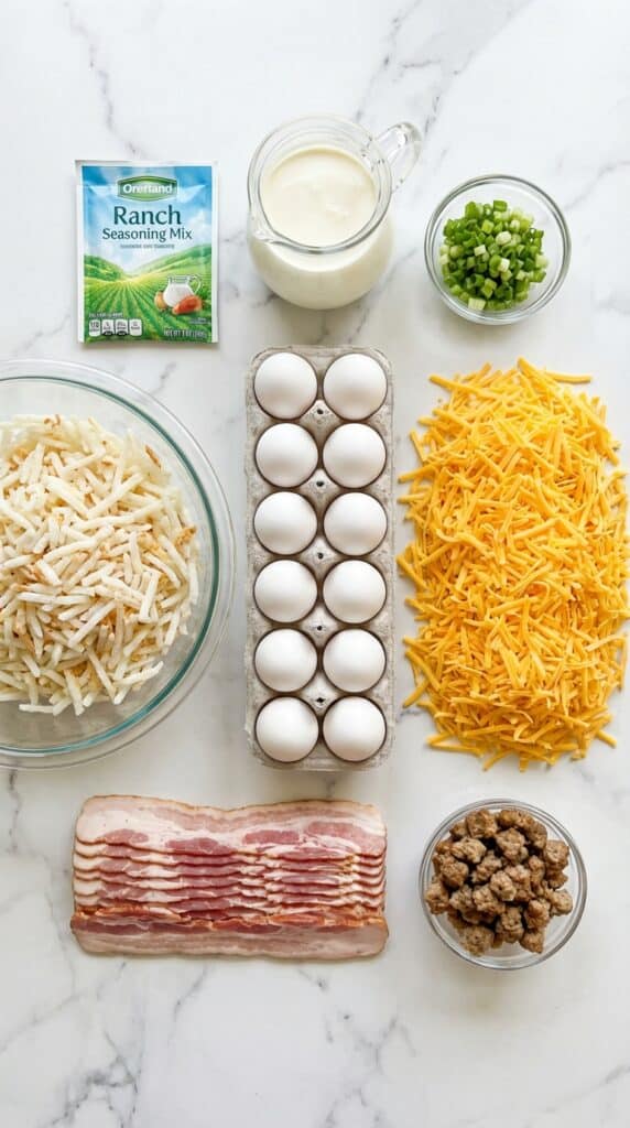 A flat lay view showing eggs, frozen hash browns, raw bacon, cooked sausage, shredded cheddar cheese, ranch seasoning, cream, and green onions on a marble counter.