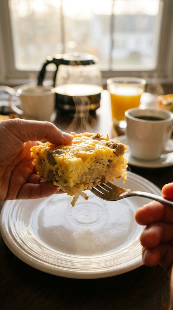 A close-up of a fork cutting into a square slice of baked breakfast casserole on a plate, showing the fluffy internal layers of egg, cheese, hash browns, and sausage.