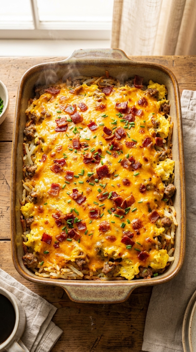 A top-down view of a rectangular baking dish filled with a baked breakfast casserole topped with bubbly melted cheddar cheese, crispy bacon crumbles, and fresh green chives.