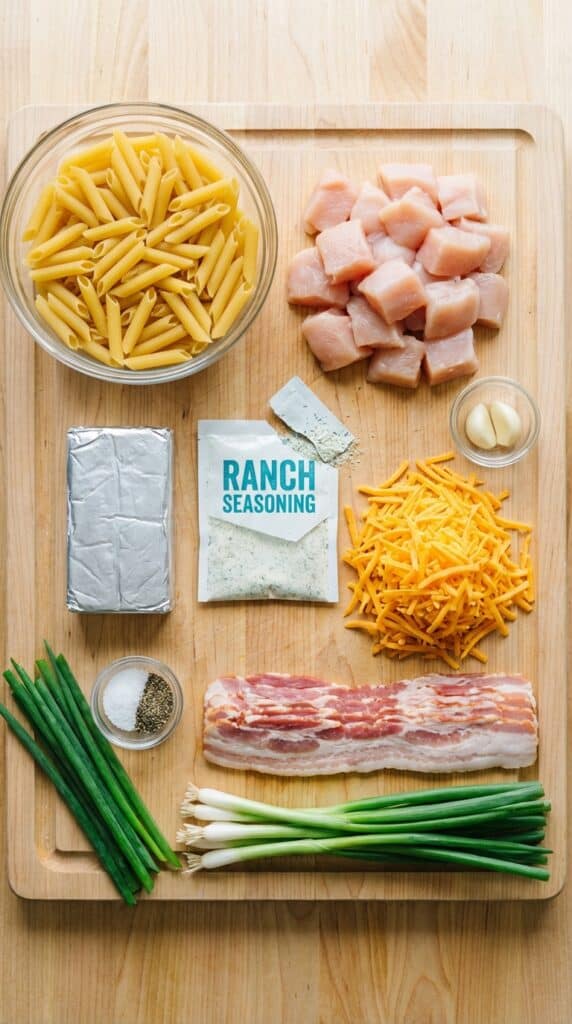 A flat lay showing dry penne pasta, raw chicken, cream cheese, ranch seasoning, cheddar cheese, bacon, and green onions on a wooden board.