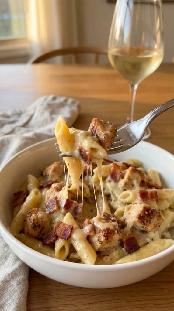 A close-up of a fork lifting a bite of creamy chicken and bacon penne pasta with a slight cheese pull from a white bowl.
