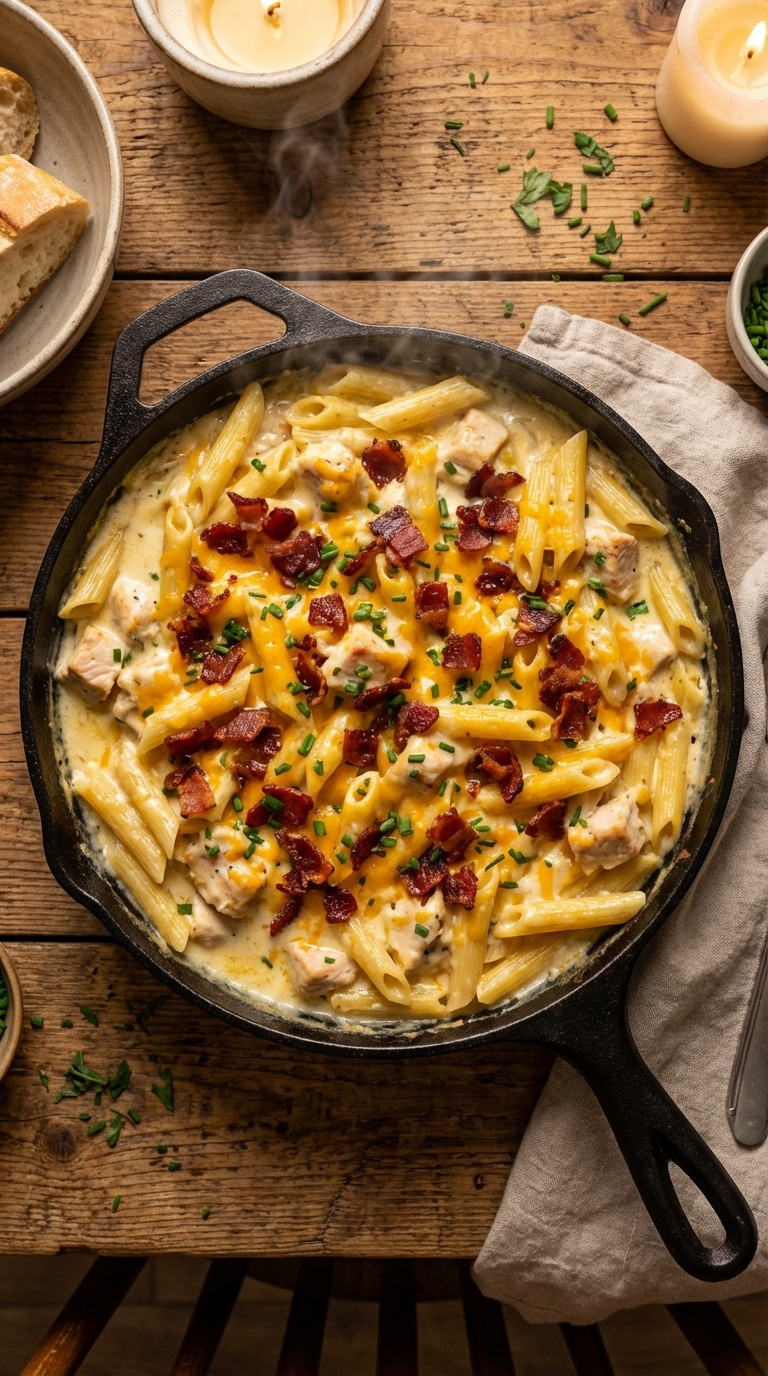 A top-down view of a cast-iron skillet filled with creamy penne pasta, chicken, bacon, cheddar cheese, and green onions.