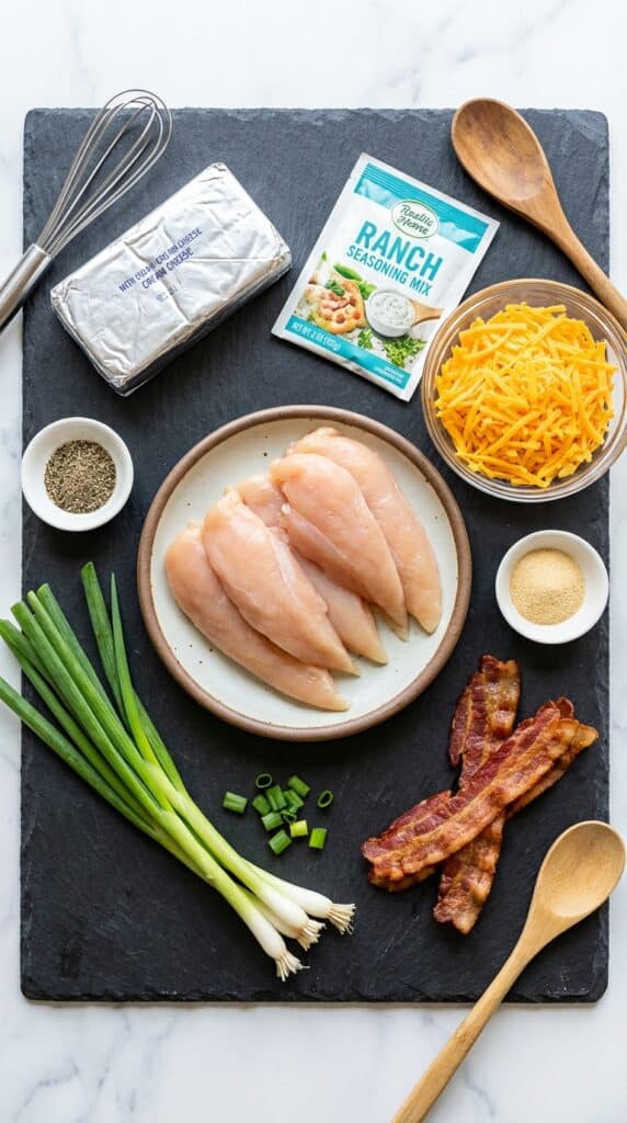 A flat lay showing raw chicken tenders, cream cheese, a ranch seasoning packet, shredded cheddar, cooked bacon, and green onions on a slate board.