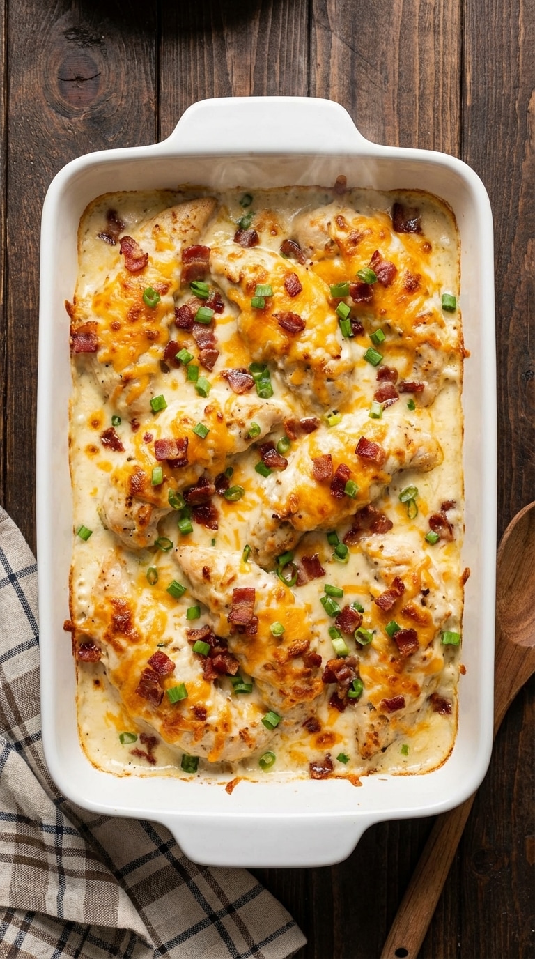 A top-down view of a baking dish filled with chicken tenders smothered in melted cheddar cheese, cream cheese, bacon, and green onions.