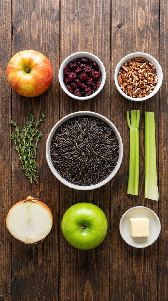 A flat lay showing uncooked wild rice, fresh apples, dried cranberries, pecans, thyme, onion, celery, and butter on a wooden board.