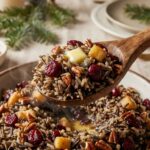 A close-up of a wooden spoon lifting a scoop of steaming hot wild rice with cranberries, apples, and pecans.