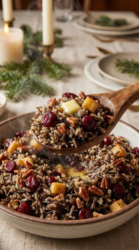 A close-up of a wooden spoon lifting a scoop of steaming hot wild rice with cranberries, apples, and pecans.