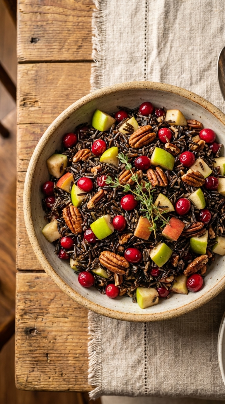 A rustic bowl filled with cooked wild rice mixed with dried cranberries, diced apples, and chopped pecans, garnished with fresh thyme.