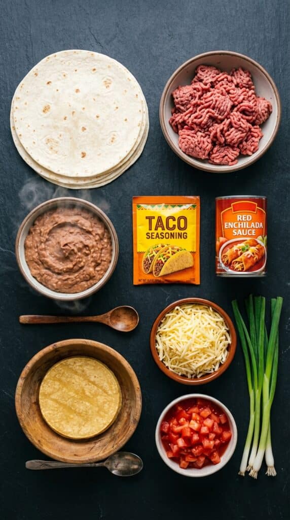 A flat lay showing flour tortillas, ground beef, refried beans, cheese, enchilada sauce, tomatoes, and taco seasoning on a dark board.
