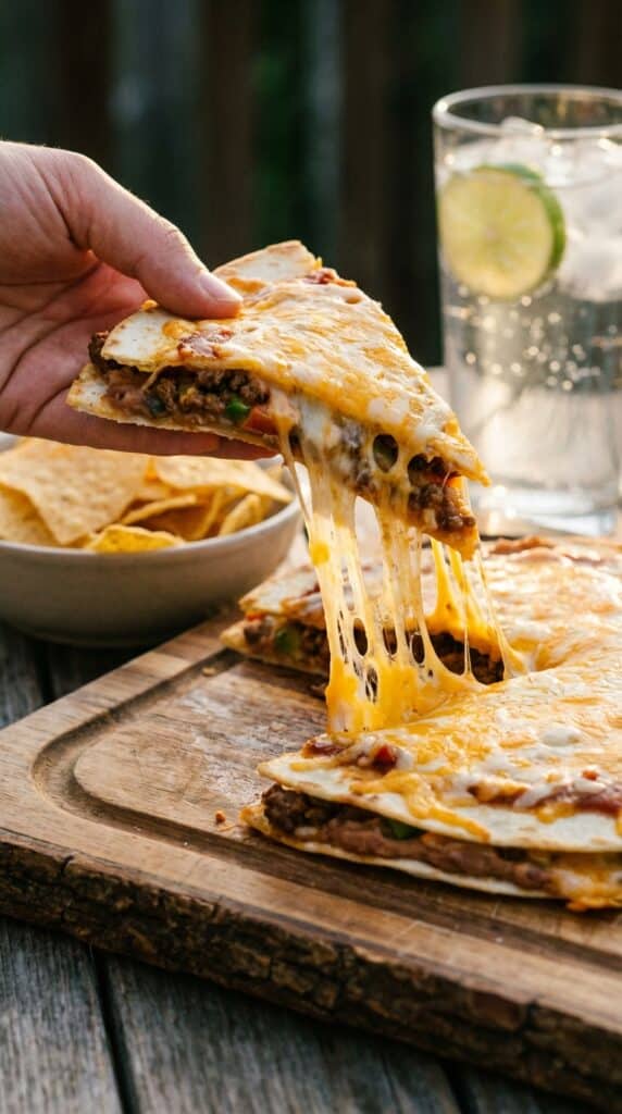 A close-up of a hand lifting a slice of Mexican pizza, showing the crispy layers and a long cheese pull.
