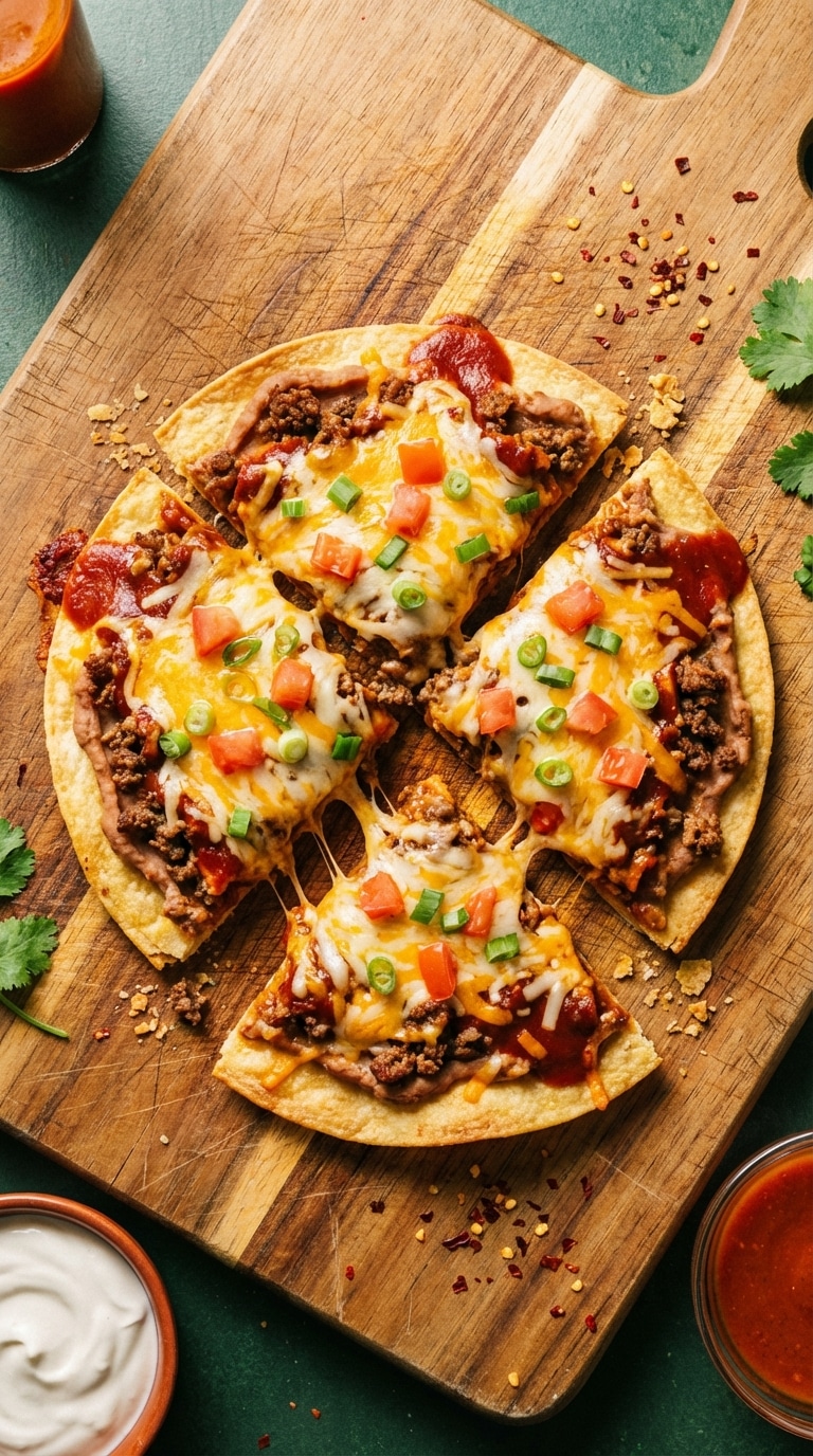 A close-up of a crispy Mexican pizza cut into four quarters, topped with melted cheese, enchilada sauce, tomatoes, and green onions.